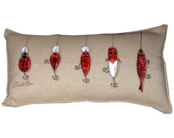 RED FISHING LURES Pillow Cover, Lumbar Pillow Sham, Fishing Decorative Pillow, Fathers Day Gift