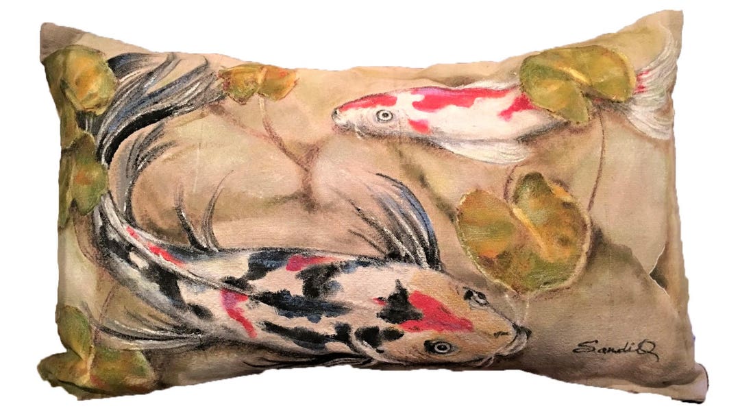 KOI FISH PILLOW, Hand Painted Pillow Cover, Koi Pond, Patio Decorative