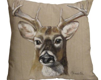 DEER HEAD SHAM - Hand Painted Decorative Cover, 8 Point Buck Pillow Sham, Male Deer, Cabin Decor, Gift For Him