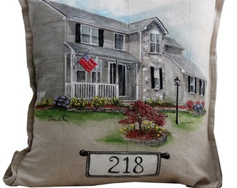 CUSTOM HOUSE PORTRAIT Pillow, From Your Photo, Hand Painted, Select Embroidery Embellished Pillow, Personalized Gift Idea