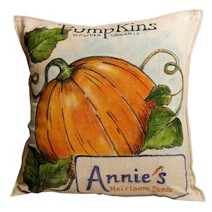 PUMPKIN PILLOW COVER,  Seed Packet Pumpkin Pillow, Hand Painted, Fall Decor Pillow