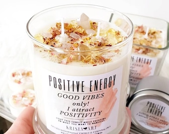 POSITIVE ENERGY crystal candle for attraction and manifestation Good vibes only intention candle Spell candles scented apricot& lilac candle