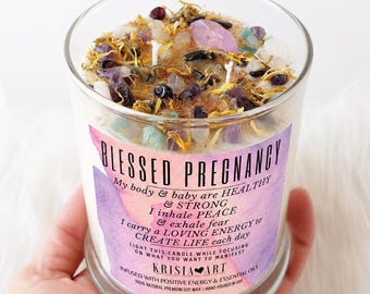 Blessed PREGNANCY crystals spell candle for pregnancy gift for friend. Unique meditation candles with herbs and essential oils ritual candle