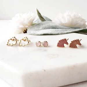 Unicorn earrings, cloud earrings, pink stud earrings. Gold tiny stud earring set of 3 unicorn jewelry cute earrings for women cartilage stud