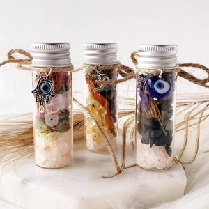 Pick your intention spell bottle with crystals and herbs. Witchcraft ritual spell jar for protection amulet. Evil eye magic talisman