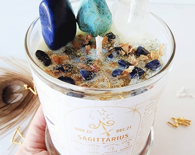 SAGITTARIUS candle for sagittarius gift Zodiac candle with dried flower candle sagittarius crystals astrology candle trendy candle herbal