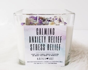 CALMING STRESS relief & ANXIETY candle. Scented healing crystal candle peppermint candle for meditation Lavender candle, spell ritual candle