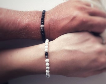 HIS and HER bracelet for long distance boyfriend gift. Couples bracelet set beaded 6mm howlite bracelet. Matching black jasper bracelet