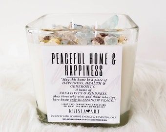 PEACEFUL HOME candle for happiness & peace. New home gift intention candles Blue aquamarine - phantom quartz candles with crystals and herbs