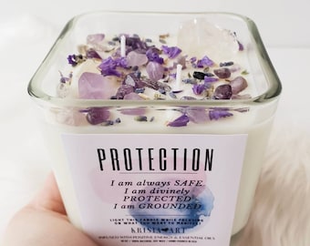 PROTECTION candles for spell and intention candle. Spiritual candles with lavender, amethyst and quartz. Gemstone candle, witchcraft candles