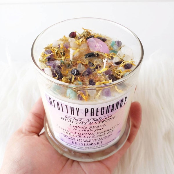 Healthy PREGNANCY crystals spell candle for pregnancy gift for friend. Unique meditation candles with herbs and essential oils ritual candle