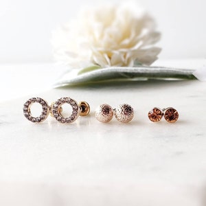 Tiny stud earrings, rose gold round earrings for women. Boho stud earrings set of 3 simple stud. Sparkly dainty earrings bridal gift for her