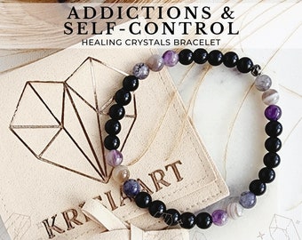 May include: Black and purple crystal bracelet with the words "Addictions & Self-Control Healing Crystals Bracelet" on a beige background.