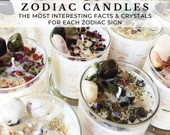 ZODIAC CANDLES with crystals and herbs. Zodiac sign candle, zodiac crystals astrology candle trendy candle herbal, Aries, Taurus, Leo candle