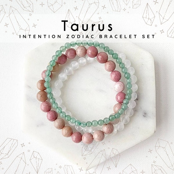 TAURUS bracelet set, Astrology green aventurine bracelet. Crystal selenite bracelet, horoscope zodiac rhodonite intention bracelet stack
