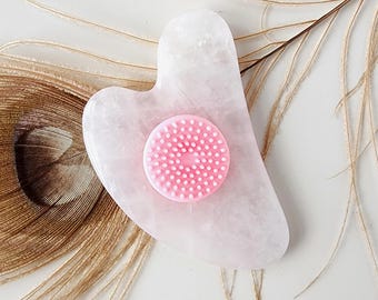 Rose Quartz Gua Sha stone face massager plate with silicone cleansing brush 100% Real crystal anti wrinkles facial tool for manual massage
