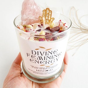 DIVINE FEMININE ENERGY crystal candle with Hamsa hand intention candles for self love, strength, healing, manifestation, positive energy