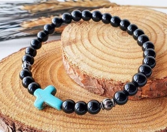 Black Onyx Cross Bracelet for Men, Christmas Gifts for Boyfriend, Gift for Dad Jewelry, Brother Gift for Him