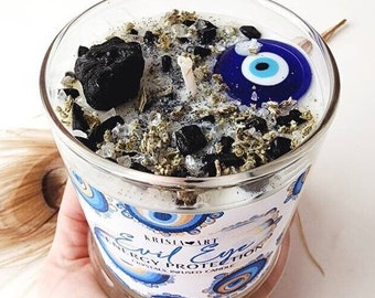 EVIL EYE PROTECTION candle for negative energy removal with healing crystal candle Hand-poured scented gemstone candle witchcraft candles