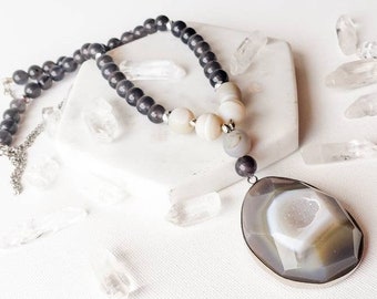 Boho Long Necklace for Women, Botswana Agate Pendant Necklace, Silver Beaded Necklace, Agate Slice Necklace