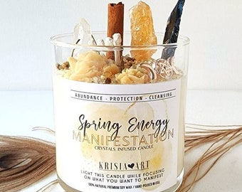 SPRING ENERGY manifestation crystal candle with Citrine, Clear Quartz, Black Tourmaline for abundance. Candle for negative energy removal