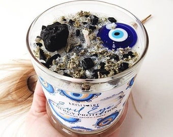 EVIL EYE PROTECTION candle for negative energy removal with healing crystal candle Hand-poured scented gemstone candle witchcraft candles