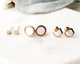 Geometric earrings stud small earrings set of 3, Dainty studs hexagon, gold studs for multiple piercing. Gold and white stud earrings set.