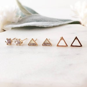 Yellow and gold stud earrings set. Geometric earrings for double piercing. Triangle earrings with gemstone studs earring set of 3. KrisiaArt