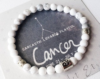 CANCER bracelet, June birthstone beaded bracelets for women. Mens bracelet healing crystal white howlite bracelet. Cancer zodiac bracelet