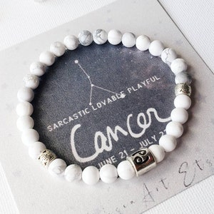 CANCER bracelet, June birthstone beaded bracelets for women. Mens bracelet healing crystal white howlite bracelet. Cancer zodiac bracelet