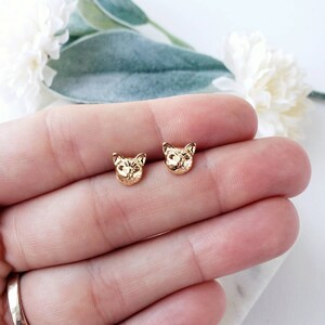 May include: A pair of gold-colored cat head stud earrings. The earrings are small, detailed, and feature a textured surface. The cat heads are facing forward, with visible ears and facial features. The earrings are displayed on a light background.