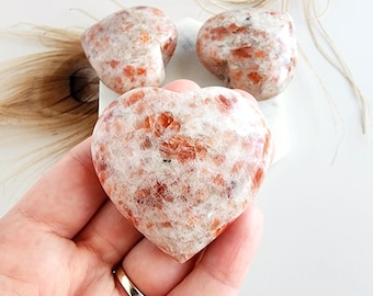 Genuine Sunstone HEART crystal carving, polished hand carved crystals, healing stones decor gemstone gifts. Puffy hearts for meditation