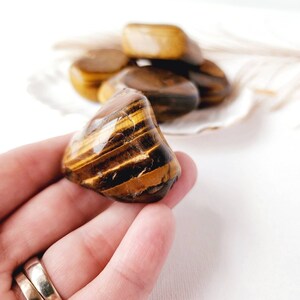 May include: A close-up of a tiger's eye tumbled stone, showing its distinctive brown and gold stripes. The stone is being held in a hand, with other tumbled stones visible in the background.