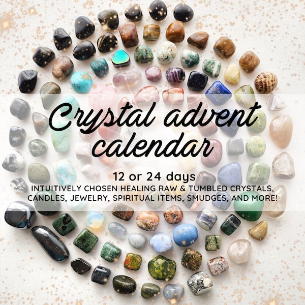 CRYSTAL Advent Calendar kit for adults for 24 or 12 days of Christmas countdown. Tumbled & Raw crystals bundle, surprise gift box collection