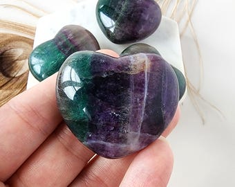 Genuine Rainbow Fluorite HEART crystal carving, polished hand carved crystals, healing stones decor gemstone gifts. Puffy hearts meditation