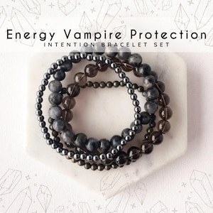 ENERGY VAMPIRE PROTECTION bracelet set, aura & empath protection shield. Labradorite Hematite Smoky quartz Pyrite intention bracelet stack