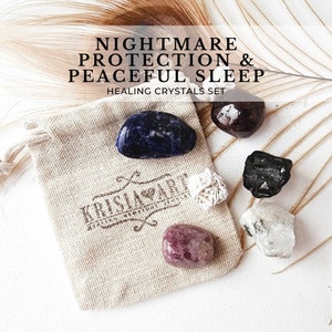 May include: A set of six crystals in a small beige drawstring bag. The crystals are labeled "Nightmare Protection & Peaceful Sleep Healing Crystals Set". The crystals are: amethyst, black tourmaline, clear quartz, rose quartz, selenite, and sodalite.