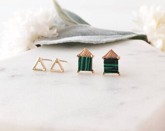 Malachite earrings triangle studs. Gold geometric earrings for multiple piercing. Boho stud earrings set of 2 simple stud earrings for women