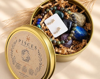 PISCES birthday gift box zodiac crystal set Astrology crystals healing bracelet stud earrings Pisces baby March horoscope sign collection