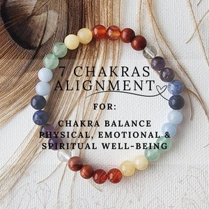 May include: A colorful beaded bracelet with seven chakra stones. The bracelet is made with clear quartz, amethyst, sodalite, blue lace agate, green aventurine, yellow jasper, and carnelian. The bracelet is on a white background with a feather.