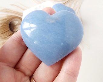 Genuine Angelite HEART crystal carving, polished hand carved crystals, healing stones decor gemstone gifts. Puffy hearts for meditation blue