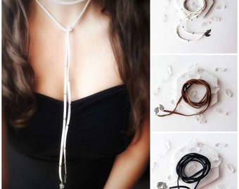 Boho leather choker necklace with silver leaf charms. Long necklaces for women, bohemian layered necklace leather wrap bracelet sexy