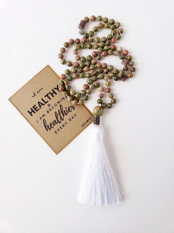 I AM HEALTHY Unakite Mala With White Tassel. Necklace 108 Mala