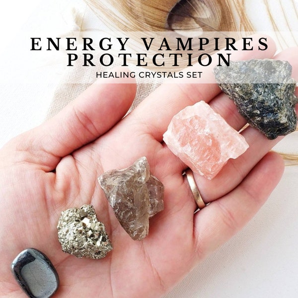 ENERGY VAMPIRE Protection crystals set, aura & empath protection shield kit. Labradorite, Hematite, Smoky quartz, Pyrite, Strawberry calcite