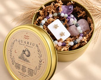 AQUARIUS birthday gift box zodiac crystal set Astrology crystals healing bracelet stud earrings February baby horoscope sign collection
