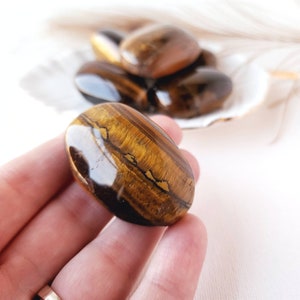 May include: A smooth, oval-shaped tiger's eye stone with brown, gold, and black stripes. The stone is polished and has a glossy finish.