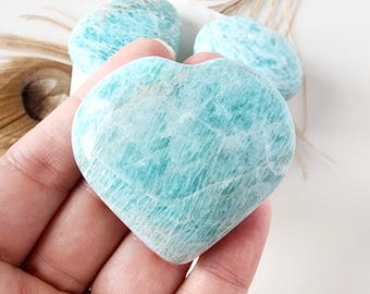Genuine Amazonite HEART crystal carving, polished hand carved crystals, healing stones decor gemstone gifts. Puffy hearts meditation blue