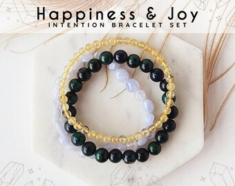 HAPPINESS crystal bracelet set for attracting joy, love pleasure manifesting happy life Blue Lace Agate, Azurite Malachite intention jewelry