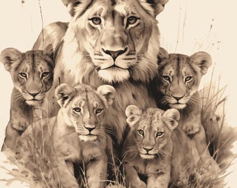 Lwica i młode grawerowane laserowo PNG JPEG, szczegółowy rysunek afrykańskiej przyrody, natychmiastowe pobranie cyfrowe