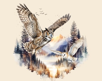 Sowy w locie nad górami (PNG), obraz miłośnika zwierząt, grafika zewnętrzna do sublimacji, DTF, wydruk (natychmiastowe pobranie cyfrowe)